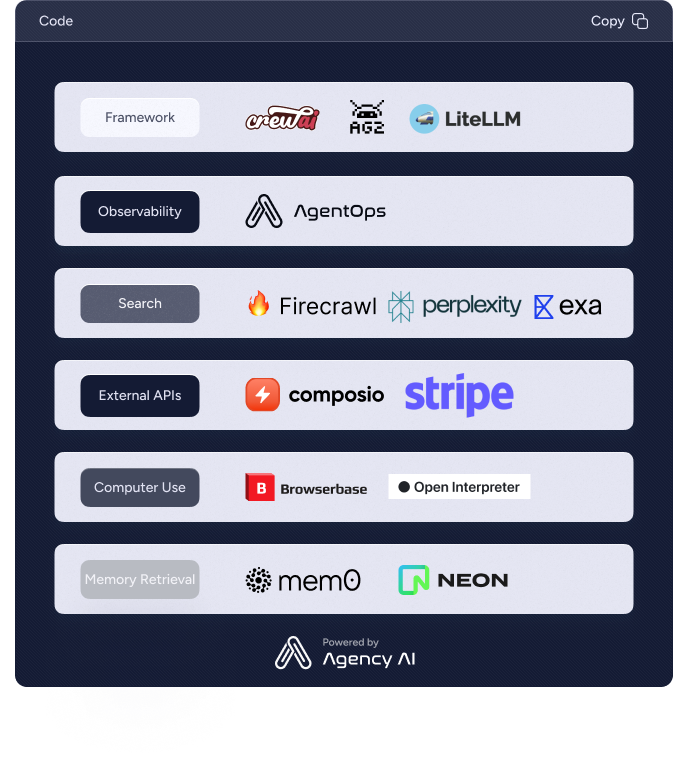 Essential tools in the 2025 AI agent stack 
(bookmark to save for later)

Framework
- <a href="/pyautogen/">AutoGen</a> AG2: end-to-end multi-agent automation platform 
- <a href="/crewAIInc/">CrewAI</a>: Faster, simple, powerful multi-agent framework
- <a href="/LiteLLM/">LiteLLM (YC W23)</a>: Call 100+ LLMs with a single library

Monitoring
-