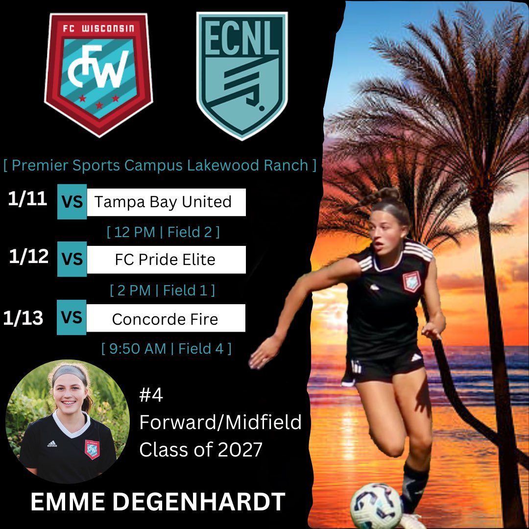 Emme Degenhardt, ECNL 2027 (@emmedegenhardt) on Twitter photo Can’t wait for our first showcase of 2025! ECNL Florida January 11-13, Lakewood Ranch, Florida
<a href="/FCW_ECNL/">FC Wisconsin Girls Soccer</a> <a href="/ECNLgirls/">ECNL Girls</a> <a href="/ImYouthSoccer/">ECNL/GA/Recruiting/College Soccer</a> <a href="/ImCollegeSoccer/">College Soccer Truth ™</a> <a href="/PrepSoccer/">Prep Soccer ⚽️</a> <a href="/TopDrawerSoccer/">TopDrawerSoccer</a> Can’t wait for our first showcase of 2025! ECNL Florida January 11-13, Lakewood Ranch, Florida
<a href="/FCW_ECNL/">FC Wisconsin Girls Soccer</a> <a href="/ECNLgirls/">ECNL Girls</a> <a href="/ImYouthSoccer/">ECNL/GA/Recruiting/College Soccer</a> <a href="/ImCollegeSoccer/">College Soccer Truth ™</a> <a href="/PrepSoccer/">Prep Soccer ⚽️</a> <a href="/TopDrawerSoccer/">TopDrawerSoccer</a>