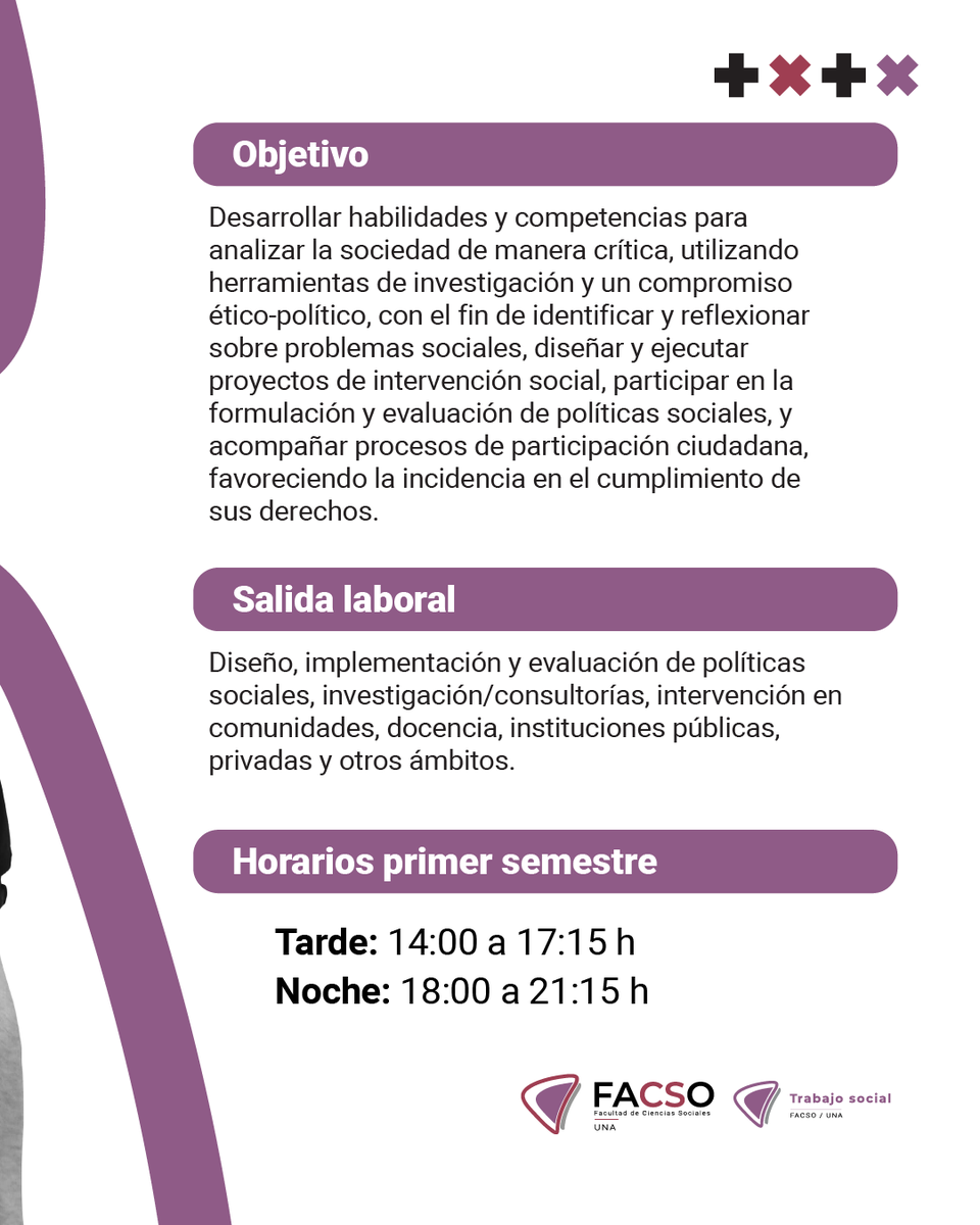 FacsoUna's tweet photo. 📢 𝐂𝐎𝐍𝐕𝐎𝐂𝐀𝐓𝐎𝐑𝐈𝐀 𝟐𝟎𝟐𝟓 | Estudiá Trabajo Social en la FACSO-UNA

📱 Todo lo que necesitas saber sobre la carrera: https://t.co/vzvMXUIVAn

#FACSOUNA #SomosDeLaUNA #OreUNAPegua #TrabajoSocialFACSO https://t.co/j99QzNSJm0