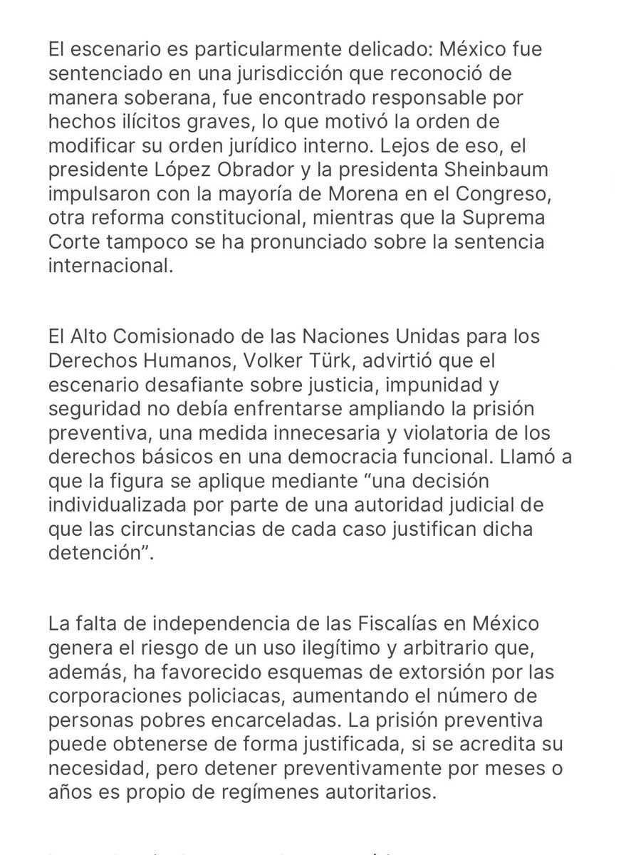 La reforma constitucional que entró en vigor hoy en materia de prisión preventiva oficiosa, configura desacato a la <a href="/CorteIDH/">Corte Interamericana de Derechos Humanos</a>, a la sentencia del caso García R. Vs Mx y genera una responsabilidad internacional agravada.
De ello escribo en <a href="/El_Universal_Mx/">El Universal</a>: eluniversal.com.mx/opinion/simon-…