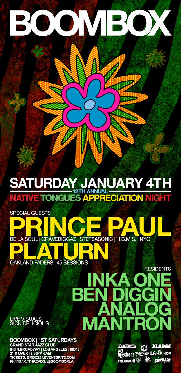 [SATURDAY] <a href="/BoomboxLA/">BOOMBOX</a> kicks off 2025 with our 12th Annual Native Tongues Appreciation Night!! this year we welcome the legend @DJPRINCEPAUL + #PLATURN! this is always one of our favorites of the year. cop your DISCOUNT PRESALE TICKETS now. ayyye!
TICKETS: bmbx221.eventbrite.com