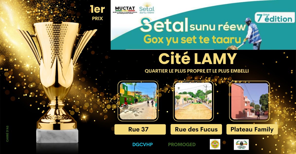 Assane DIAGNE (@assaned1719) on Twitter photo Le #quartier #citélamy remporte le 1er PRIX de la 7éme édition du challenge lancé par S.E.M le Président de la république <a href="/PR_Diomaye/">Bassirou Diomaye Faye</a>, sous la coordination du <a href="/MUCTATSenegal/">Min. Urbanisme Collectivités aménagmt territoires</a> <a href="/FofanaBala/">Moussa Bala Fofana</a> #setalsunureew #setalsunugox. Bravo à toute la population de Cité LAMY. Le #quartier #citélamy remporte le 1er PRIX de la 7éme édition du challenge lancé par S.E.M le Président de la république <a href="/PR_Diomaye/">Bassirou Diomaye Faye</a>, sous la coordination du <a href="/MUCTATSenegal/">Min. Urbanisme Collectivités aménagmt territoires</a> <a href="/FofanaBala/">Moussa Bala Fofana</a> #setalsunureew #setalsunugox. Bravo à toute la population de Cité LAMY.