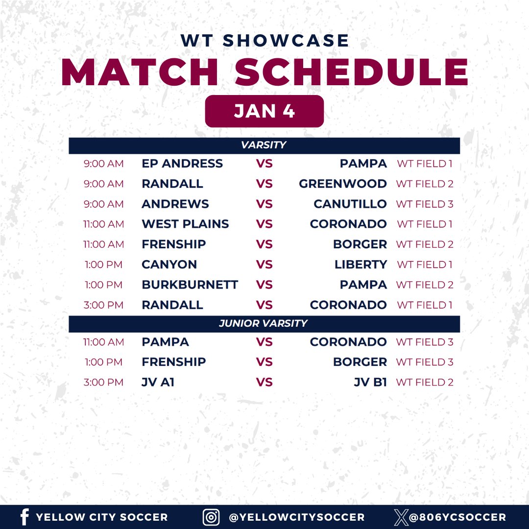 806YCSoccer's tweet photo. The 2025 WT Showcase kicks off tomorrow, and you won't want to miss it! Come out and cheer on our amazing teams as they showcase their talents. Be there to support, celebrate, and be part of the excitement! #TXHSSOC 

📍West Texas A&amp;M University https://t.co/exIPA0JOZF