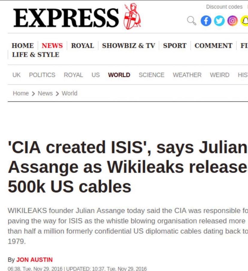 Never forget that when Wikileaks released over half a million U.S. diplomatic cables going back to 1979, Julian Assange came to one chilling conclusion:

“The CIA created ISIS”