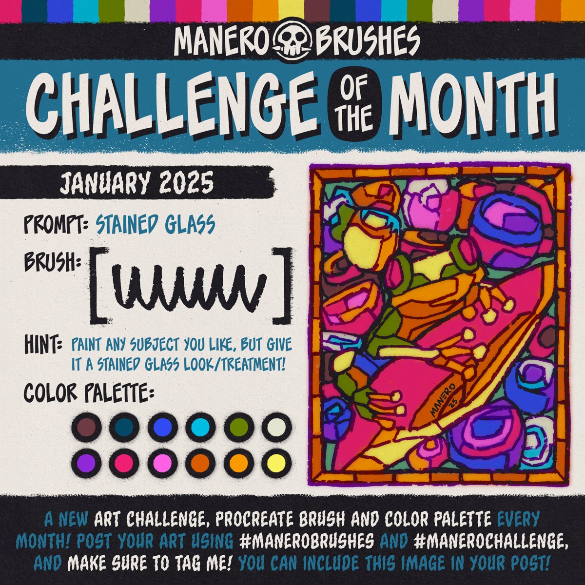 The Challenge of the Month and its FREEBIES for January are here! We are going to be painting an illustration in a stained glass style in <a href="/Procreate/">Procreate</a>!

Download the freebies and join the fun!

ittaimanero.gumroad.com

#Procreate #freebrushes