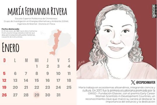 En #Enero2025 nos acompaña María Fernanda Rivera <a href="/EspochMafer/">mafer_espoch</a>, Dra en Física que aplica su conocimiento en el área ambiental de Ecosistemas Altoandinos. Fue la 1era ecuatoriana  en ganar un premio de la <a href="/OwsdSecretariat/">Org. for Women in Science for the Developing World</a> ✨
Descarga el calendario aquí 👉🏼 bit.ly/4gYfG1O