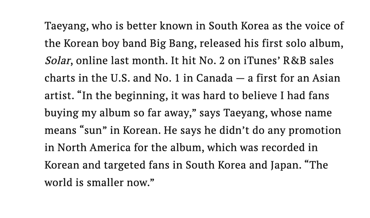 idolcast's tweet photo. While researching for the next part of my series on BigBang I found a great article from 2010 (!!) from Time Magazine that talks about how Taeyang was the first Asian artist to chart so high on the iTunes R&amp;B chart--back when iTunes sales actually meant something as a metric. https://t.co/mOAwVSZf3N
