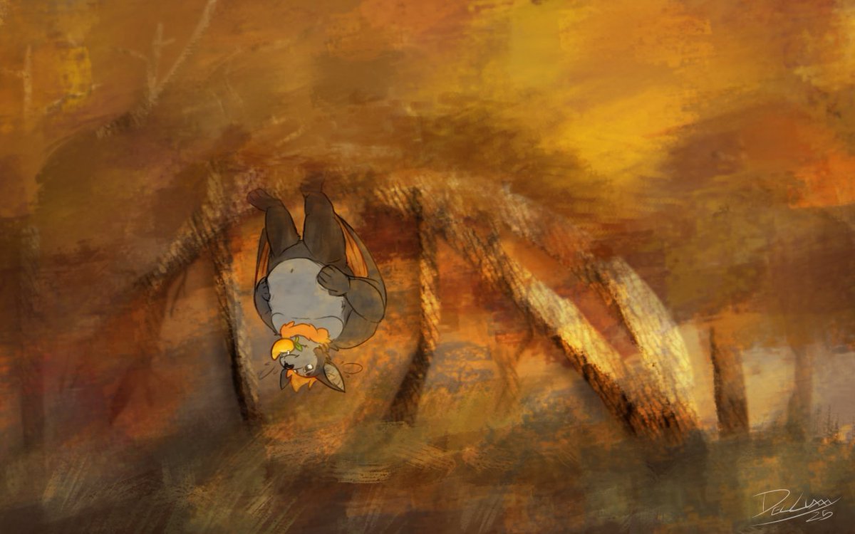 starting the new year fresh with new fan/gift art 🐱🎨

<a href="/Mada_Bat/">Mada!</a> found a nice perch, high off the ground ... or, at least, it was ;; i love his streams and it's always a delightful start to my mornings 🧡

#furry #furryart #fanart #fatbat