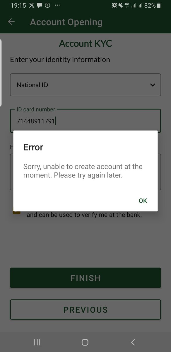 Yusibm9's tweet photo. @JaizBankNG Assalamu Alaykum 
Have been trying to open an account using jaiz app but keeps getting this error response. 
Kindly assist https://t.co/CGx0JLCg8x