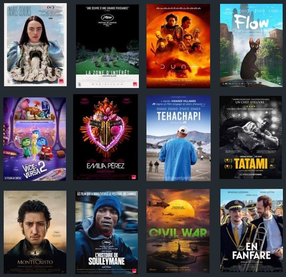 📽️ Sur la soixantaine de films vus en 2024, mes préférés :
- Pauvres créatures
- La zone d'intérêt
- Dune 2
- Flow
- Vice-versa 2
- Emilia Perez
- Tehachapi
- Tatami
- Le Comte de Monte-Cristo
- L'histoire de Souleymane
- Civil war
- En fanfare
Mes critiques sur <a href="/allocine/">AlloCiné</a>
