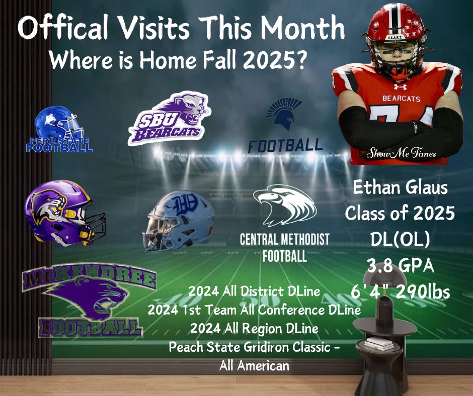 Ethan Glaus (@bigeglaus) on Twitter photo Starting to narrow down, where is home Fall 2025.  Official visits starting this week!  <a href="/sixstarfootball/">Six Star Football | PLUS+</a> <a href="/PSGC2024/">🍑Peach State Gridiron Classic All-American Game🍑</a> <a href="/6starfootballMO/">Six Star Football | MISSOURI</a> <a href="/PrepRedzone/">Prep Redzone 🏈</a> <a href="/PrepRedzoneMO/">Prep Redzone Missouri</a> <a href="/PlayBookAthlete/">PLAYBOOK ATHLETE</a> <a href="/scan1ansports/">ꜱᴄᴀɴʟᴀɴ ꜱᴘᴏʀᴛꜱ™️</a> <a href="/CoachDaniels06/">Coach D</a> <a href="/CoachKSSteele/">Karsen Steele</a> <a href="/CoachZackKern1/">Zack Kern</a> <a href="/CoachDaveBrown/">Dave Brown</a> <a href="/CoachWhitton/">Matt Whitton</a> Starting to narrow down, where is home Fall 2025.  Official visits starting this week!  <a href="/sixstarfootball/">Six Star Football | PLUS+</a> <a href="/PSGC2024/">🍑Peach State Gridiron Classic All-American Game🍑</a> <a href="/6starfootballMO/">Six Star Football | MISSOURI</a> <a href="/PrepRedzone/">Prep Redzone 🏈</a> <a href="/PrepRedzoneMO/">Prep Redzone Missouri</a> <a href="/PlayBookAthlete/">PLAYBOOK ATHLETE</a> <a href="/scan1ansports/">ꜱᴄᴀɴʟᴀɴ ꜱᴘᴏʀᴛꜱ™️</a> <a href="/CoachDaniels06/">Coach D</a> <a href="/CoachKSSteele/">Karsen Steele</a> <a href="/CoachZackKern1/">Zack Kern</a> <a href="/CoachDaveBrown/">Dave Brown</a> <a href="/CoachWhitton/">Matt Whitton</a>