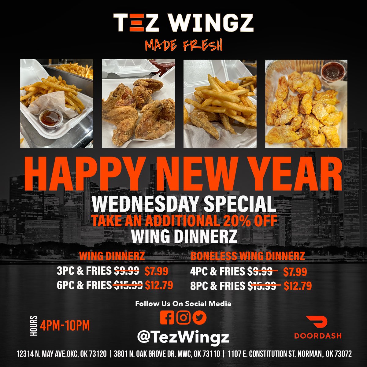 TezWingz's tweet photo. Happy New Year! Stop in today for our Wednesday deal@take an additional 20% OFF Wing Dinnerz! Online orders use #Tez20 https://t.co/31E6aprbiE