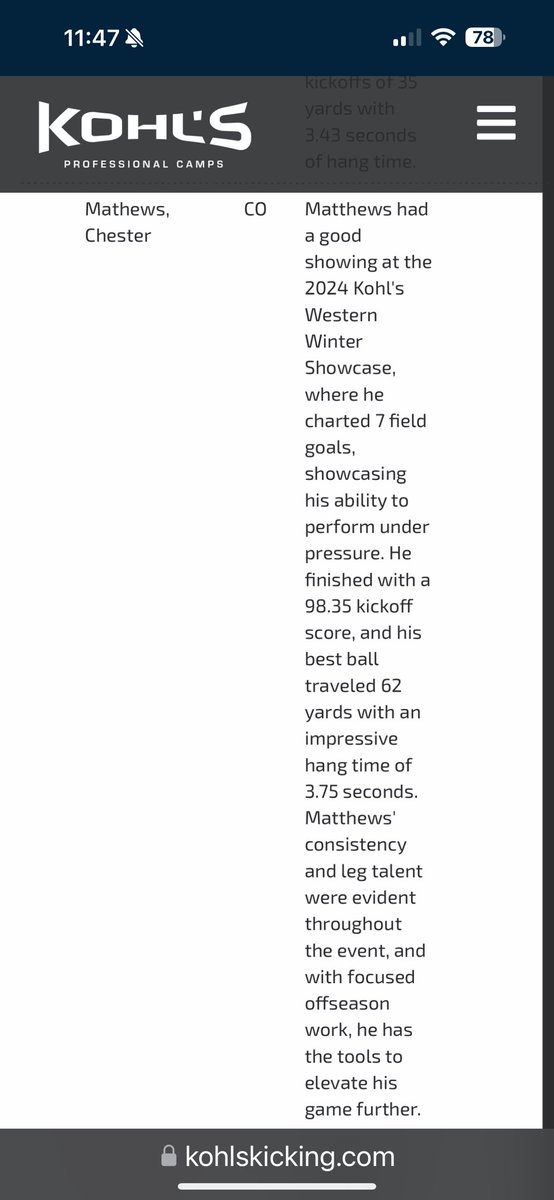 Chester Mathews 4⭐️ (@mathewsche25624) on Twitter photo Very grateful to have been rated a 4⭐️ kicker for <a href="/KohlsKicking/">Kohl's Kicking Camps</a> in the Western Winter Showcase. Ready for the Future Stars Challenge in Florida next! 🌴 Very grateful to have been rated a 4⭐️ kicker for <a href="/KohlsKicking/">Kohl's Kicking Camps</a> in the Western Winter Showcase. Ready for the Future Stars Challenge in Florida next! 🌴