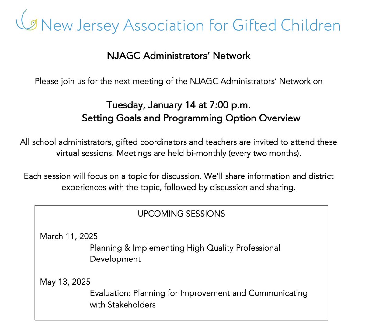 NJAGC (@njagcgifted) on Twitter photo Happy New Year!  Let's get something on your calendar for our wonderful administrators' networking session to kick off the year and as you begin to plan for 2025-2026 school year too!  January 14th at 7:00 p.m.  The zoom link will be posted soon! 🥳 Happy New Year!  Let's get something on your calendar for our wonderful administrators' networking session to kick off the year and as you begin to plan for 2025-2026 school year too!  January 14th at 7:00 p.m.  The zoom link will be posted soon! 🥳