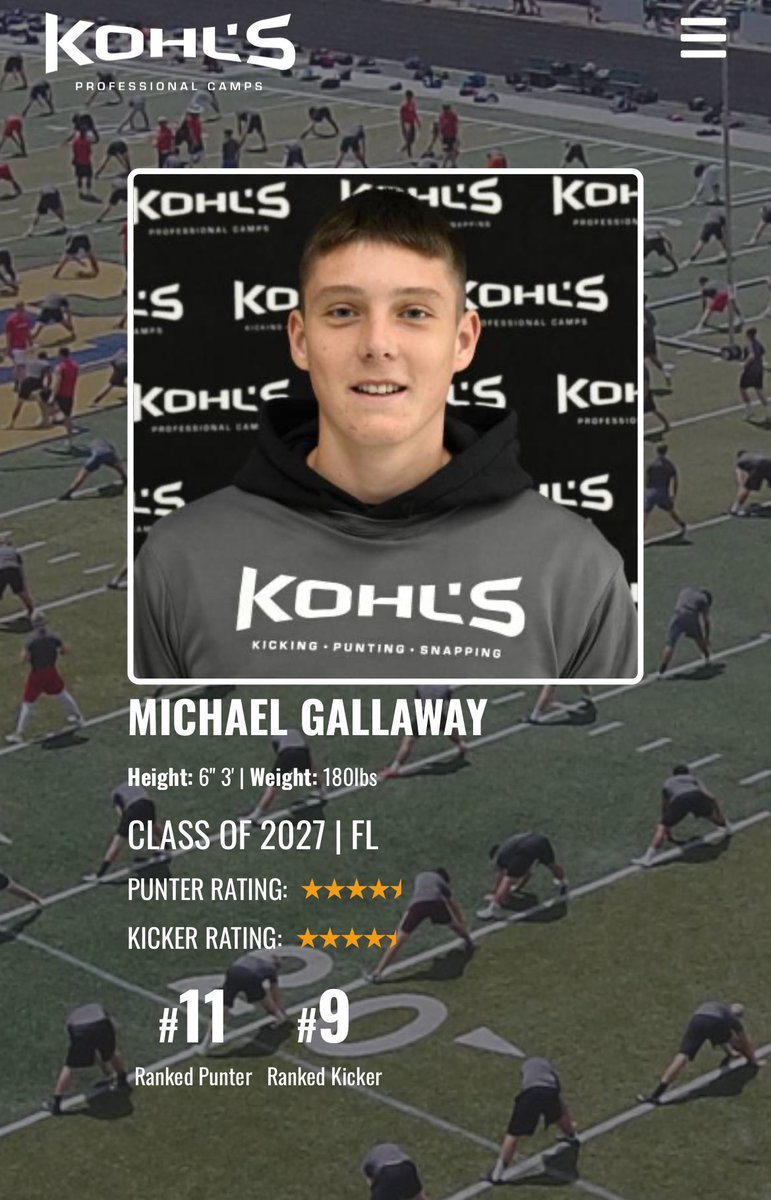 Michael Brandin Gallaway (@brandingallaway) on Twitter photo Iโm thankful for a great 2024 being ranked #9 kicker and #11 punter <a href="/KohlsKicking/">Kohl's Kicking Camps</a>
Iโm ready to keep working hard and improving in 2025! Happy New Year!
#justgettingstarted #hardworkgodfirst Iโm thankful for a great 2024 being ranked #9 kicker and #11 punter <a href="/KohlsKicking/">Kohl's Kicking Camps</a>
Iโm ready to keep working hard and improving in 2025! Happy New Year!
#justgettingstarted #hardworkgodfirst