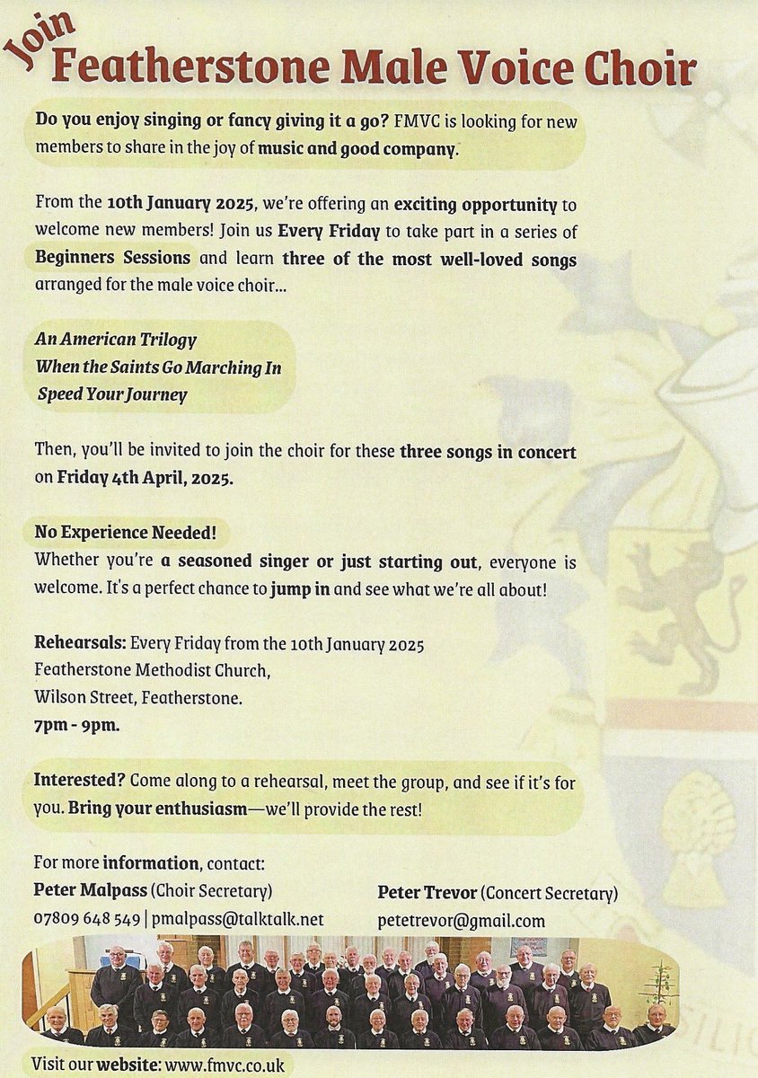 Looking for a new hobby in 2025?
Come and join Featherstone Male Voice Choir….