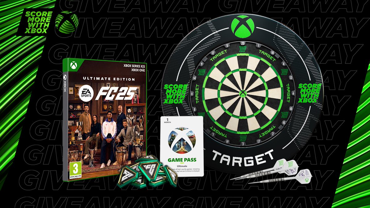 xboxuk's tweet image. 🎯 For every 180 Luke scores, we'll be giving away Xbox Game Pass Ultimate, copies of FC25 &amp;amp; FC Points
👏 Luke scores a 9-Darter? We've got #SMWX x @TargetDarts Darts Bundles up for grabs
🏆 Every match that Luke wins, we'll give away a custom Luke 'The Nuke' Xbox controller