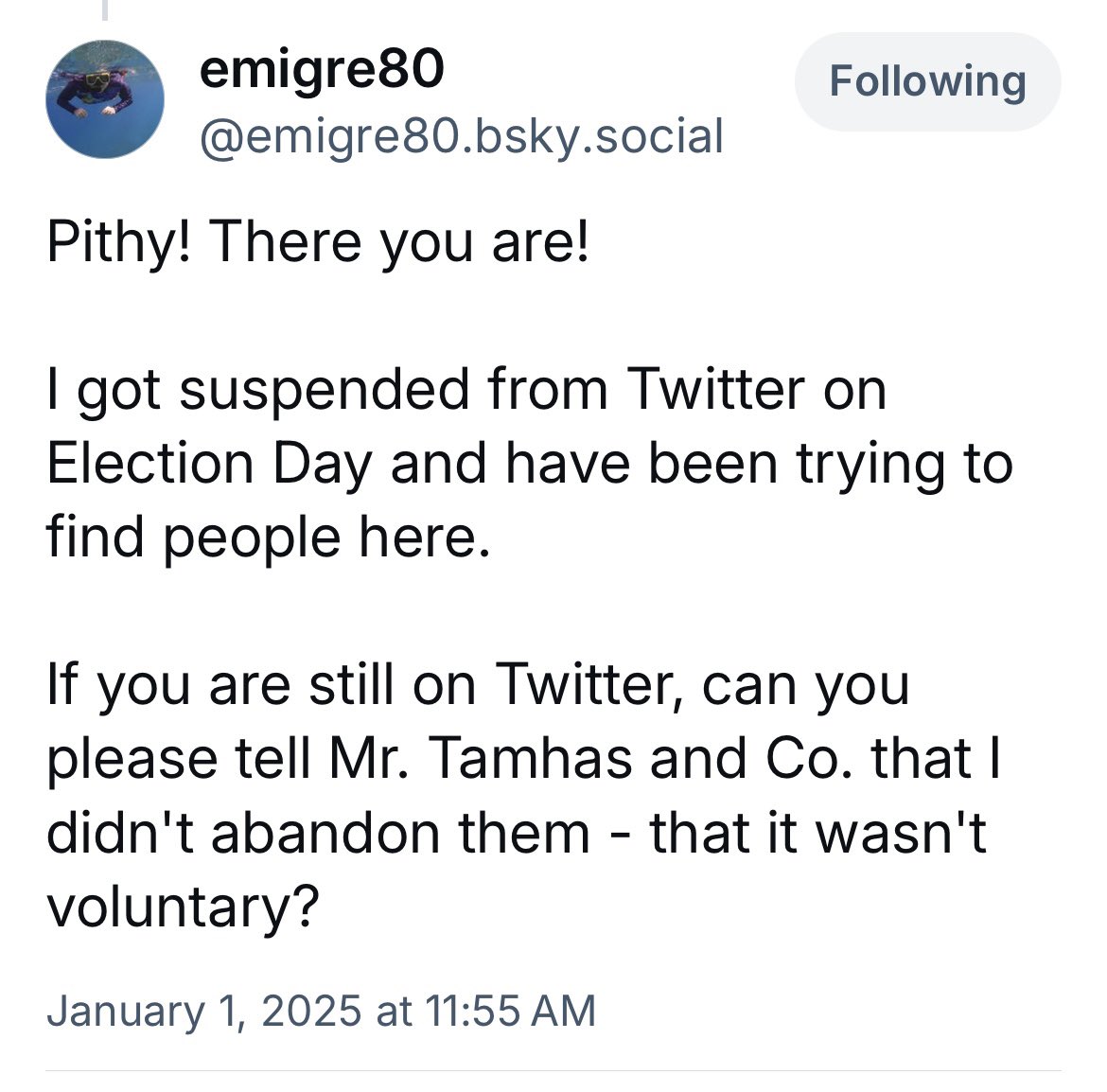 Hey <a href="/MrTamhas/">Mr. Tamhas 🐝🪷</a>, come to Bluesky!  

Find me and Em there. 

@pithypacky@bsky.social.