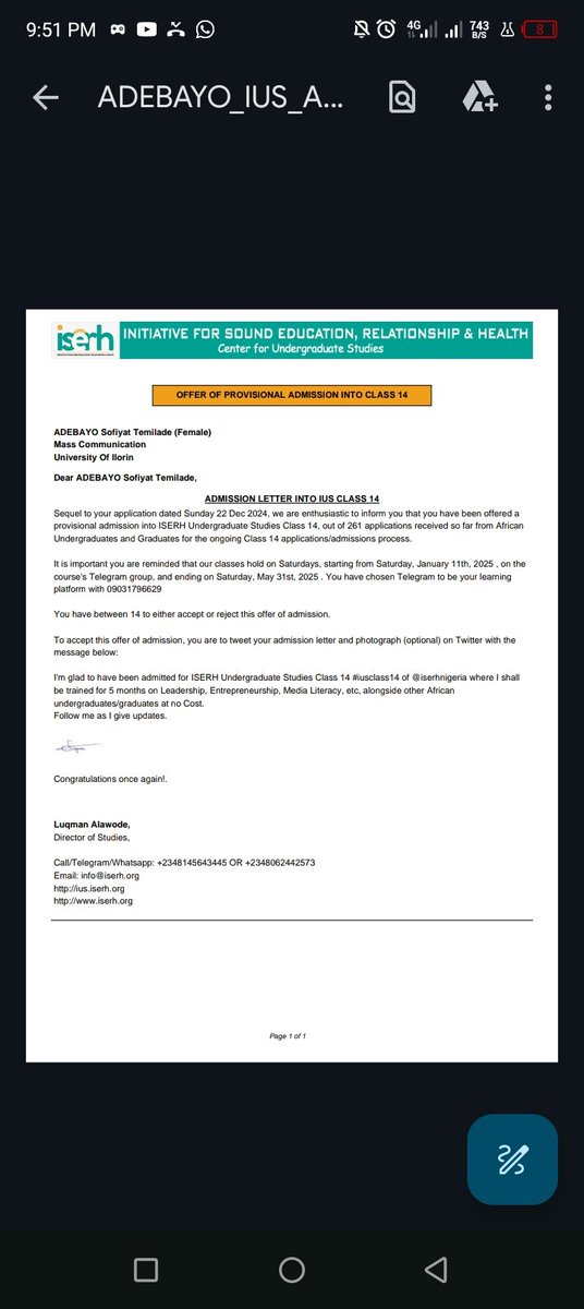 SofiyatTem67936's tweet photo. I'm glad to have been admitted for ISERH Undergraduate Studies Class 14 #iusclass14 of @iserhnigeria where I shall be trained for 5 months on Leadership, Entrepreneurship, Media Literacy, alongside other African undergraduates/graduates at no Cost. Follow me as I give updates https://t.co/d0jKUdRmYL