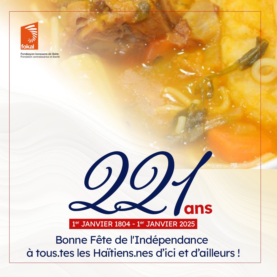 Aujourd'hui, nous célébrons le 221ème anniversaire de l'Indépendance d'Haïti! À toutes les Haïtiennes et à tous les Haïtiens, d'ici et d'ailleurs, nous souhaitons une joyeuse fête, empreinte de fierté, de solidarité, de paix et d'espoir pour l'avenir.
#221AnsDeLiberté #soupjoumou