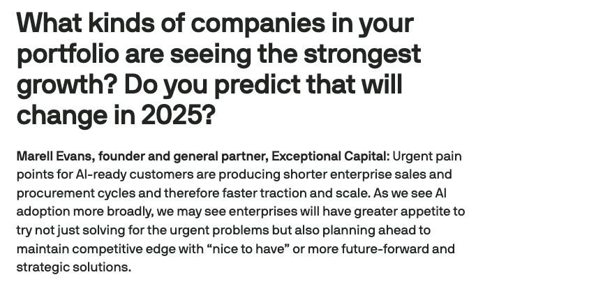 Marell Evans (@marell_evans) on Twitter photo It's always fun catching up with <a href="/rebecca_szkutak/">Becca Szkutak</a> around the future of Enterprise Trends in 2025!
Thanks for adding me <a href="/rebecca_szkutak/">Becca Szkutak</a>
<a href="/ExceptionalCap/">Exceptional Capital</a> It's always fun catching up with <a href="/rebecca_szkutak/">Becca Szkutak</a> around the future of Enterprise Trends in 2025!
Thanks for adding me <a href="/rebecca_szkutak/">Becca Szkutak</a>
<a href="/ExceptionalCap/">Exceptional Capital</a>