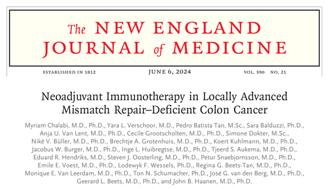 DrChoueiri's tweet photo. Paper 6:

#ChalabiPlot (aka @MyriamChalabi) strikes again! Results from the NICHE-2 trial initially presented @myESMO 2022 now @NEJM: 

near 100% pathologic response with neoadjuvant nivo/ipi in dMMR colon cancer

https://t.co/NQdlzvPNzs https://t.co/qxcv7ijRGn