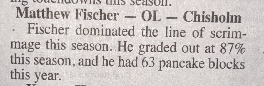 Matthew Fischer (@matthewfish_62) on Twitter photo Very grateful to be named First Team Offense All-Northwestern Oklahoma by Enid News and Eagle!
<a href="/ChisholmFB/">Chisholm Football</a> Very grateful to be named First Team Offense All-Northwestern Oklahoma by Enid News and Eagle!
<a href="/ChisholmFB/">Chisholm Football</a>