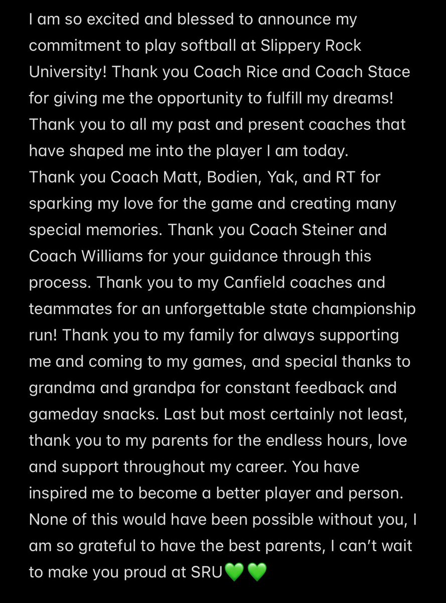 GO ROCK!💚🦁 #Committed <a href="/SRU_Softball/">Slippery Rock Softball</a> <a href="/TEP_Williams/">Thunder Elite Premier 18U-Williams</a> <a href="/LadyCardsb/">Canfield Lady Cards Softball</a> <a href="/CoachNick520/">Nick Williams</a> <a href="/OilerPride22/">Jeff Steiner</a>