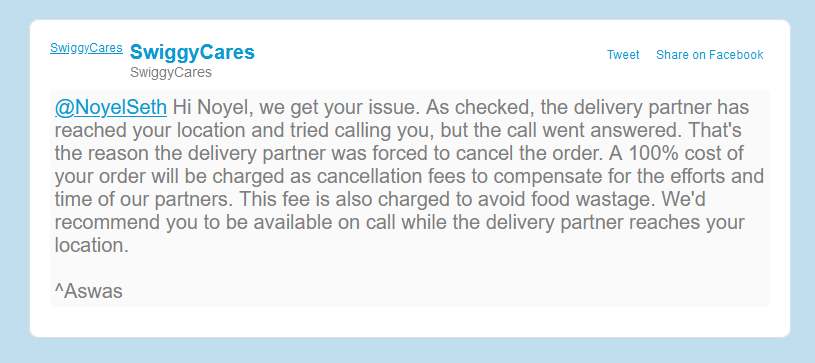 NoyelSeth's tweet photo. @SwiggyCares @Swiggy I understand cancellation fees are meant to compensate for efforts and prevent food wastage, but why should customers pay for an order they never received? Especially when the issue isn’t caused by them. https://t.co/SH1Iw6X67w