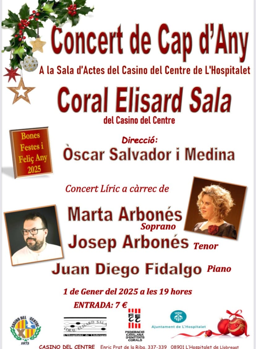 📅Concert de Cap d'Any al Casino del Centre de #LHospitalet
🎼Hem gaudit amb l'actuació d la Coral Elisard Sala, d les magnífiques veus d Josep i Marta Arbonés, i d Juan Diego Fidalgo al piano.
🍀Un desig per aquest 2025 q comença: q vingui ple de felicitat.
🥂Salut!!
<a href="/LHCultura/">Cultura L'H</a>