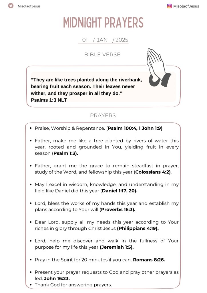 Midnight Prayers. 🔥

This quiet time between you &amp; God is an opportunity to pour out your heart, knowing that He listens to every whisper.

Please don't rush these prayer points, take your time to pray them well. 

Spend at least 5 minutes on each prayer point.