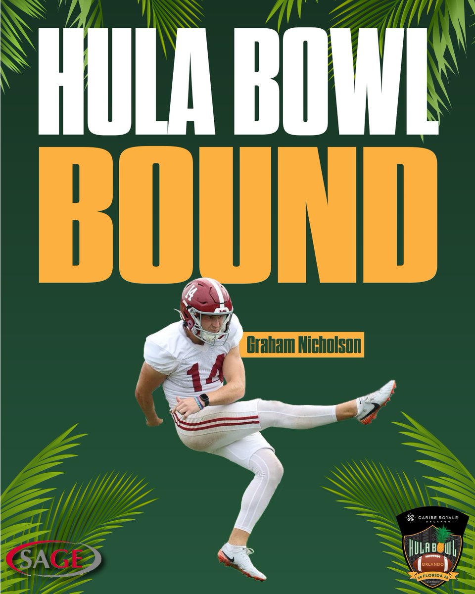 Hula Bowl Bound! 👏🏼

<a href="/gnicholson99/">Graham Nicholson</a> has officially accepted his invite to the Caribe Royale Orlando 2025 Hula Bowl All-Star Game! 

#RollTide | #HulaBowl2025 🏈
<a href="/AlabamaFTBL/">Alabama Football</a> <a href="/SAGECards/">SAGE Collectibles</a> <a href="/cariberoyale/">Caribe Royale Orlando</a> <a href="/NFL/">NFL</a> <a href="/CoachScottFB/">Coach Scott Phillips</a>