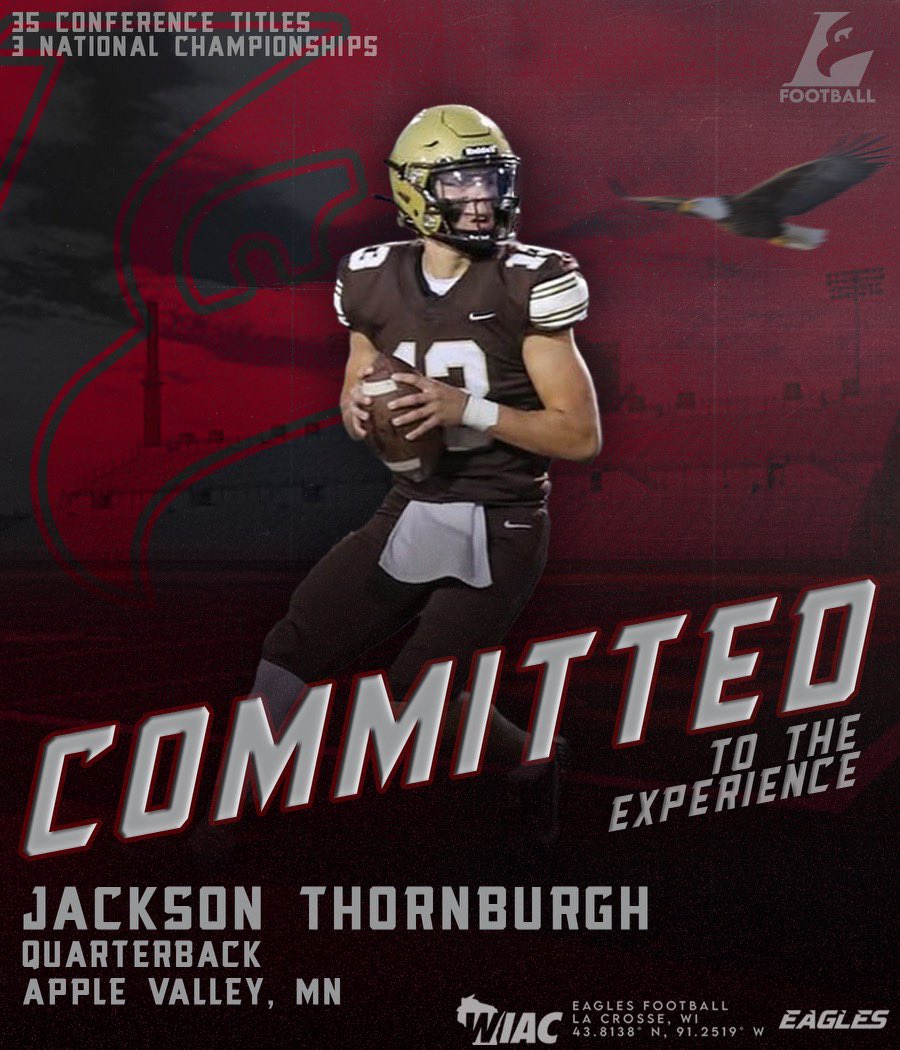 Jackson Thornburgh (@jack_thornburgh) on Twitter photo COMMITTED. #TheExperience <a href="/UWLCoachJanus/">Matt Janus</a> @CoachMacUWL <a href="/CoachMZweifel/">Michael Zweifel</a> <a href="/UWLEagleFB/">UW-La Crosse Football</a> <a href="/applevalleyFB/">AV Football</a> COMMITTED. #TheExperience <a href="/UWLCoachJanus/">Matt Janus</a> @CoachMacUWL <a href="/CoachMZweifel/">Michael Zweifel</a> <a href="/UWLEagleFB/">UW-La Crosse Football</a> <a href="/applevalleyFB/">AV Football</a>