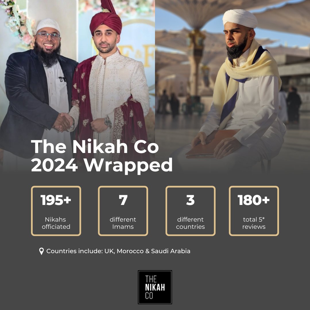 We were honoured to perform more than 195 Nikah ceremonies across 2024! 💍

May Allah bless all the married couples with goodness 🤲🏾 and a special thank you to our wonderful Imams for their efforts! On to 2025, inshaAllah...