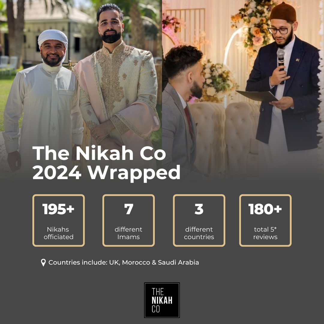thenikahco's tweet photo. We were honoured to perform more than 195 Nikah ceremonies across 2024! 💍

May Allah bless all the married couples with goodness 🤲🏾 and a special thank you to our wonderful Imams for their efforts! On to 2025, inshaAllah... https://t.co/3G5ttVJMxV