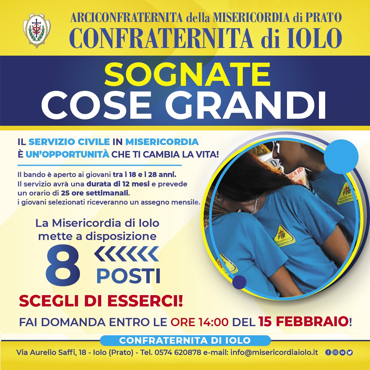 🌟 Iscriviti ora al Servizio Civile della Misericordia di Iolo! 📅 
🔐 Scadenza iscrizioni: 15 febbraio alle 14
🤝 Entra nella nostra famiglia e vivi un'esperienza unica! 
La Misericordia offre 8 posti con un compenso leggermente superiore ai 500 euro mensili. 
Info 0574 620878!