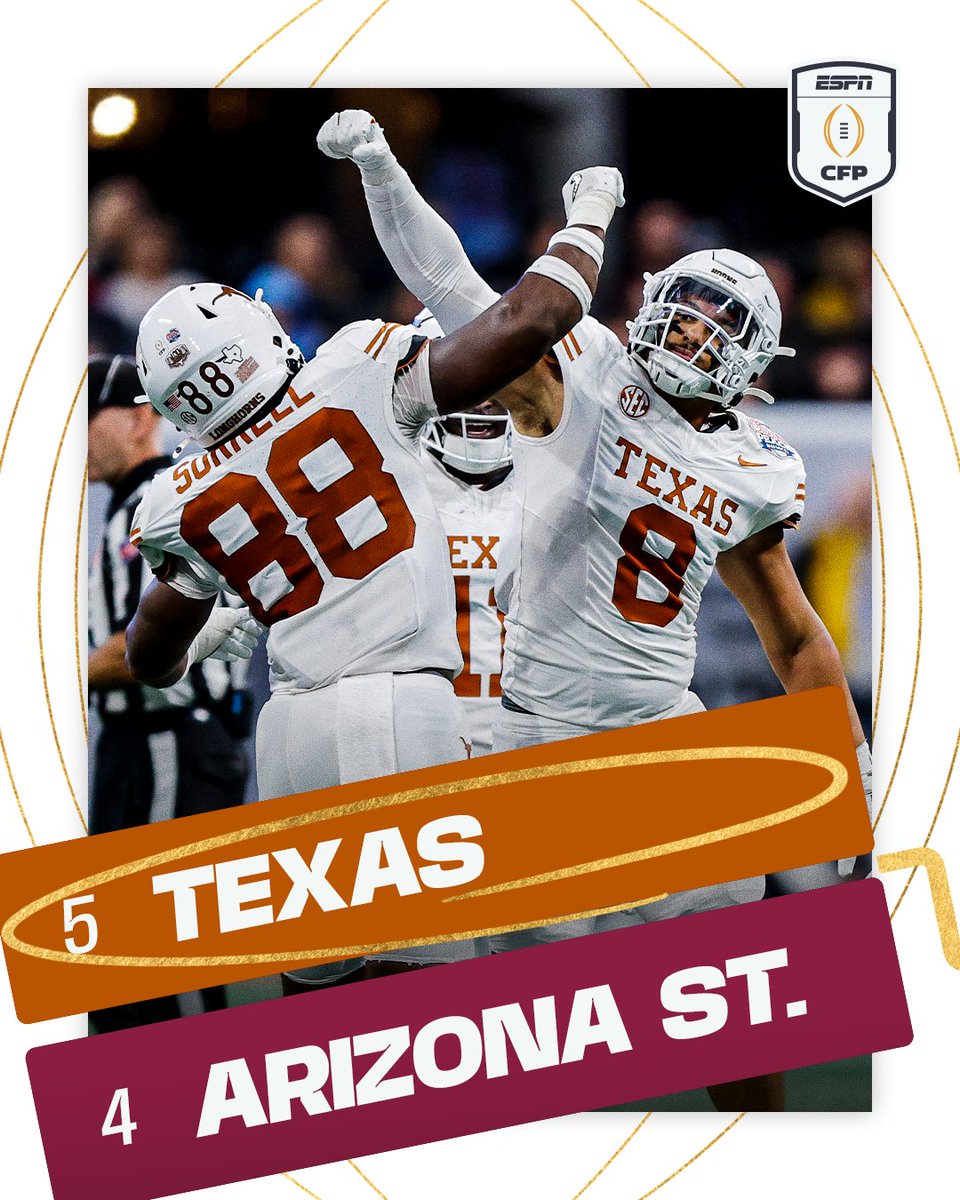 ESPNCFB's tweet image. CHICK-FIL-A PEACH BOWL CHAMPS AND CFP SEMIFINAL-BOUND 🍑

Texas defeats ASU 39-31 to become the first team ever to win all New Year’s Six bowl games 🙌