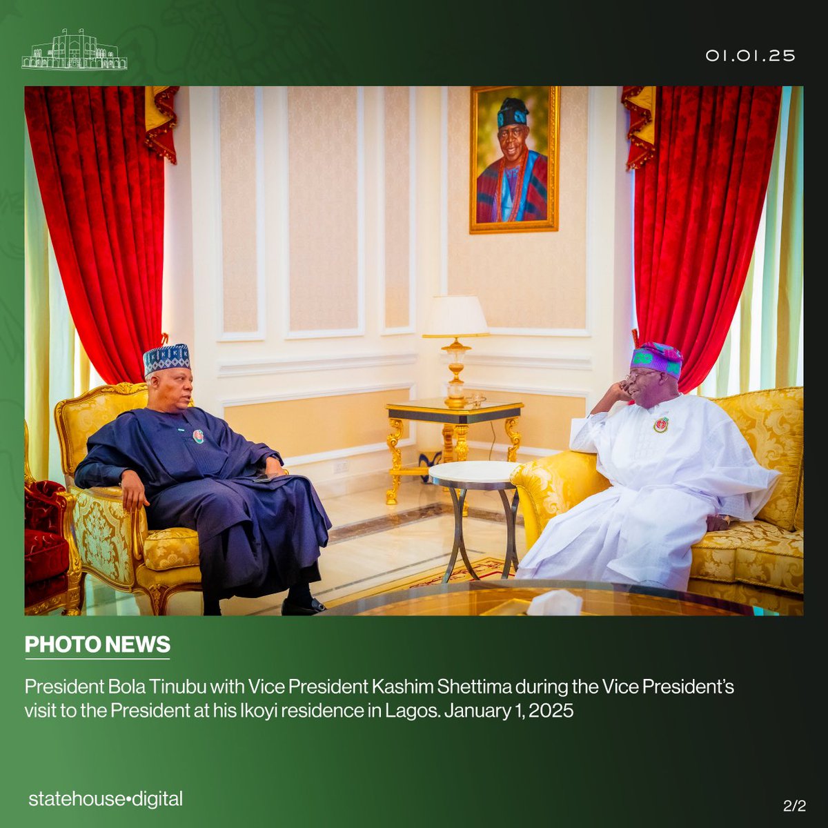 President Bola Tinubu with Vice President Kashim Shettima during the Vice President's visit to the President at his Ikoyi residence in Lagos. 

January 1, 2025