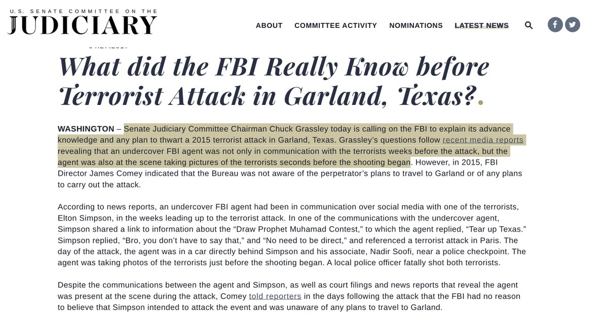 The FBI stonewalled Senator Grassley on the Garland, Texas terrorist attack, where an FBI agent was caught texting the terrorist 

"TEAR UP TEXAS."

It's time for answers.