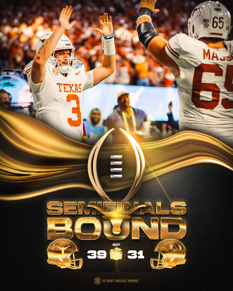 SEC's tweet photo. SEMIFINALS BOUND 🤘

SURVIVE & ADVANCE IN A THRILLER!

@TexasFootball x #CFBPlayoff