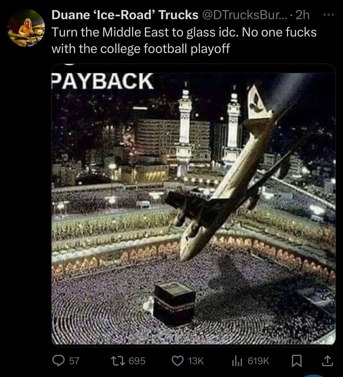 Hey Elon <a href="/elonmusk/">Elon Musk</a>, I was wondering is this also part of the ‘freedom of speech’ or is it allowed cause it’s calling on the extermination of the entire Middle East while showing Anti-Islam sentiment with the choice of image?