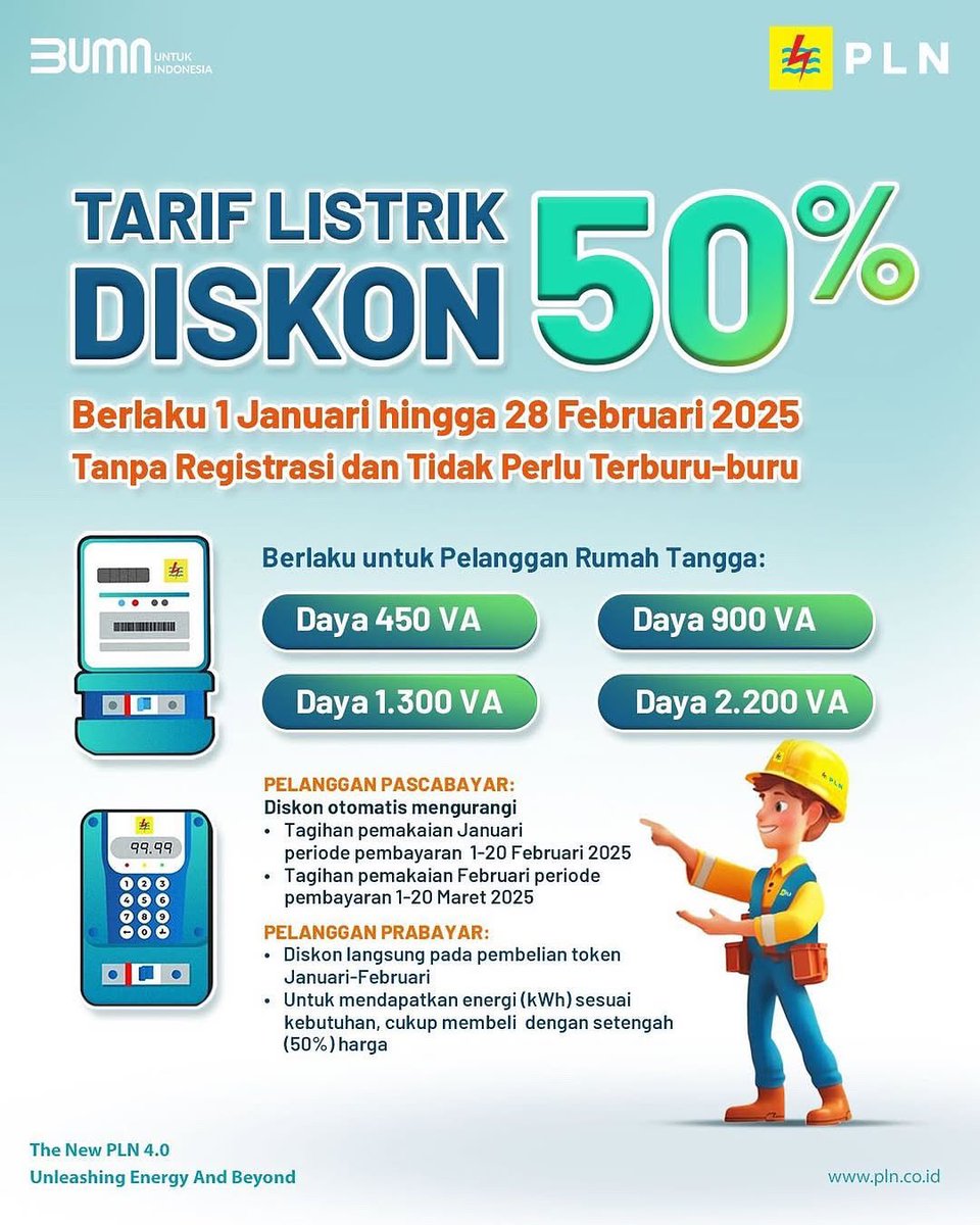 uip3b_sulawesi's tweet photo. Electrizen, Stimulus Pemerintah melalui Diskon Tarif Listrik 50% untuk pelanggan rumah tangga daya 450 VA hingga 2.200 VA sudah berlaku hari ini hingga akhir Februari 2025. 

#PLN #PLNUntukIndonesia #AcceleratingRenewableEnergy #Swasembadaenergi https://t.co/jBd9o6a7OR