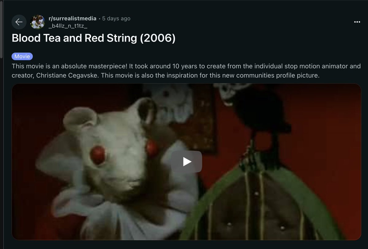 BLOOD_TEA_FILM's tweet image. I love that R/surrealistmedia uses a still from Blood Tea and Red String as its profile picture!