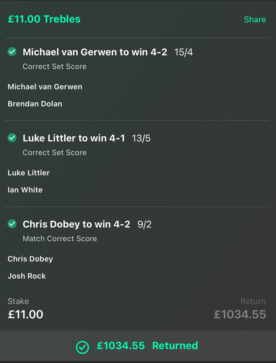 🔥 ABSOLUTELY INSANE!!! 

To celebrate an incredible start to 2025, I’m giving away £100 to someone who RT’s &amp; LIKES this post! 

💻 Our Darts research framework that was only designed a week ago has produced 8 out of 11 CORRECT SCORES. 

✅ MVG 4-2 vs B.Dolan @ 15/4
✅ L.Littler