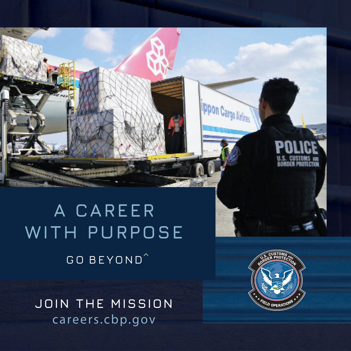 A career with purpose.\u200b Join the mission as a Customs and Border Protection  Officer and provide security at any one of our 328 ports of entry to  safeguard the border and our, image size:1200x1200