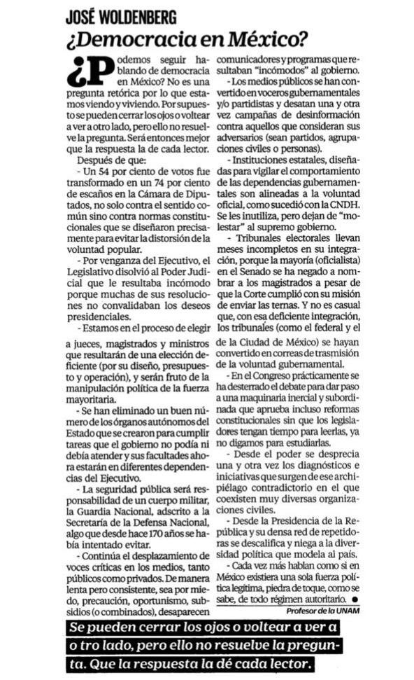 No hay democracia: morena y sus alineados la destruyeron.  

Texto de José Woldenberg. 
🤌🏾🇲🇽