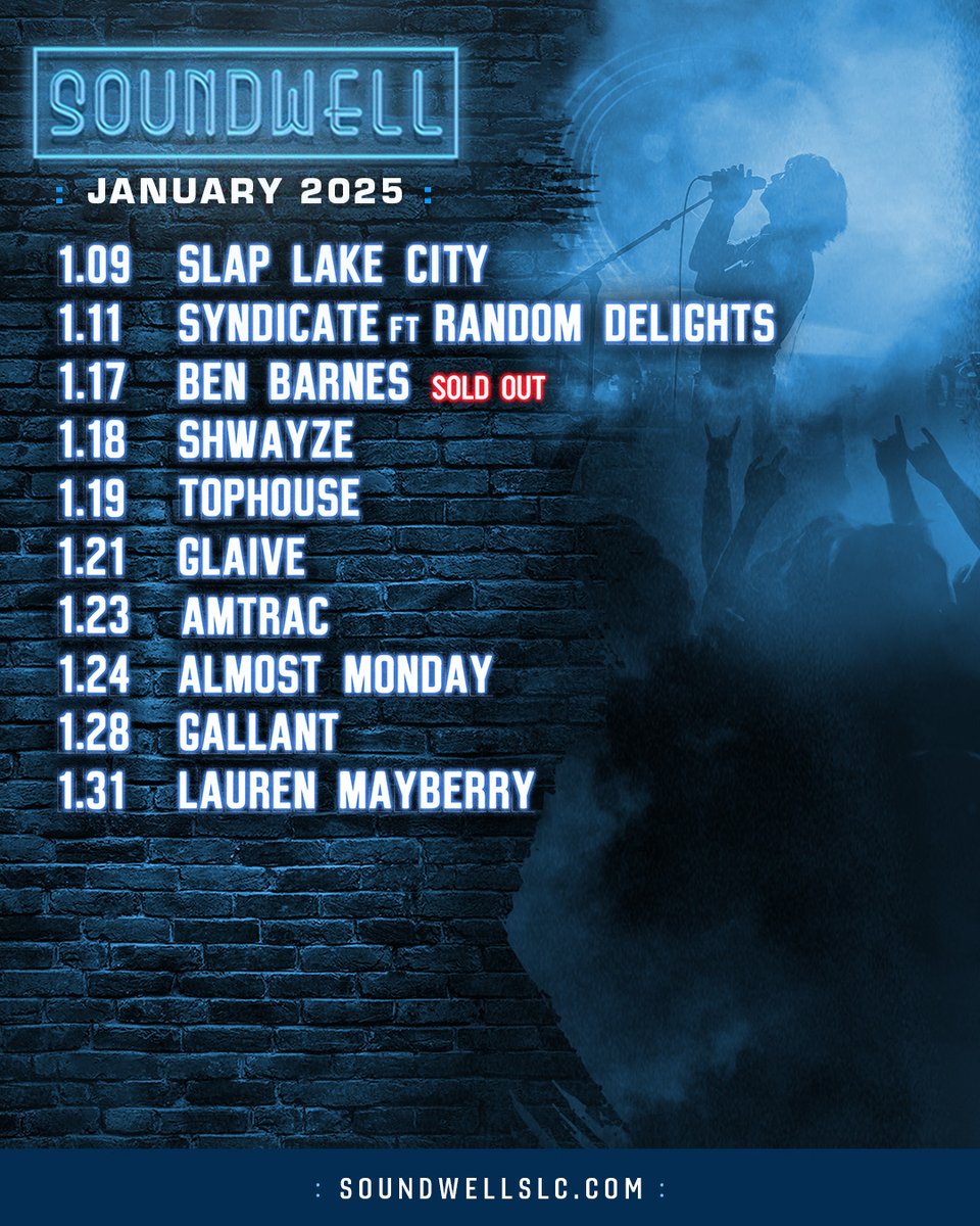 SoundwellSLC's tweet photo. JANUARY at Soundwell❄️

We're looking forward to not only a NEW MONTH of shows but also a BRAND NEW YEAR with our SLC concert crew!🎉 

Tell us🗣️Which artist you want to see most for your chance to WIN (4) Tickets!

🔗https://t.co/1YwOGMRNU8 

Good Luck🏆

#SoundwellSLC #LNE https://t.co/dm1a9LjaNn