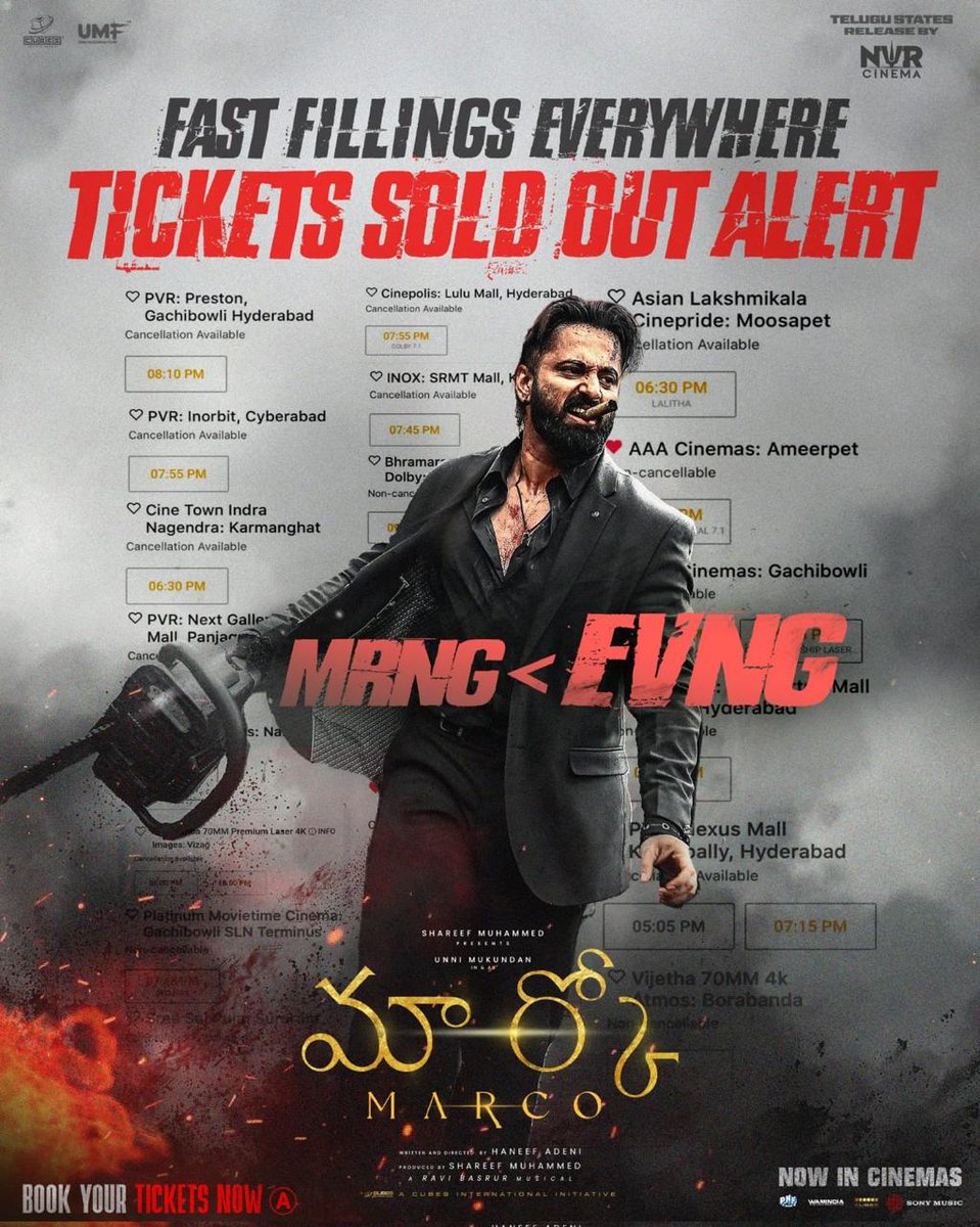 akumfwa's tweet photo. *Housefull shows and fast fillings everywhere across TELUGU STATES💥💥*  

*Word of mouth is spreading like wildfire..Morning < EVENING 📈*  

*#Marco, NOW PLAYING IN 300+ THEATRES ACROSS TELUGU STATES❤‍🔥*

_`ചാനൽ ഫോളോ ചെയ്യാൻ`_👇
https://t.co/OSaiJNmRem https://t.co/aQXictg0KG
