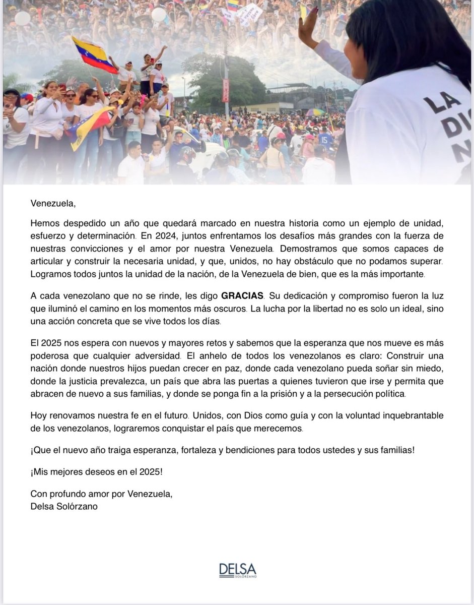 Venezuela, mis mejores deseos de paz, reencuentro y libertad en este 2025.

Mi compromiso de lucha y mi palabra de aliento para las víctimas de violación de DDHH y los presos políticos. Todos merecen libertad.