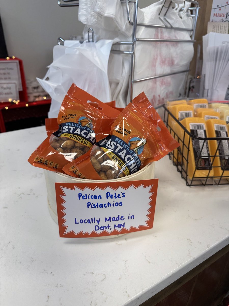 cj_holl's tweet photo. New packaging Pelican Pete’s Pistachios at Bongards Cheese Shop (Best in MN!) in Perham. Get yours today! https://t.co/aaR6GgeegE